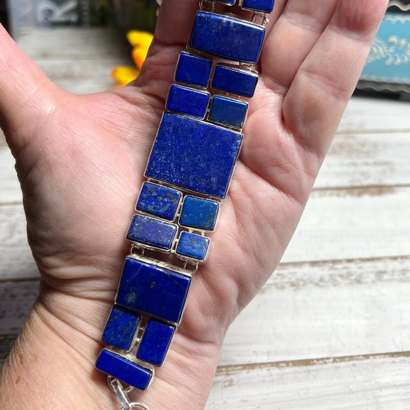 Lapis Lazuli Bracelet Handmade Stone Gemstone 925 Silver Large Ethnic Boho New! - Picture 3 of 15